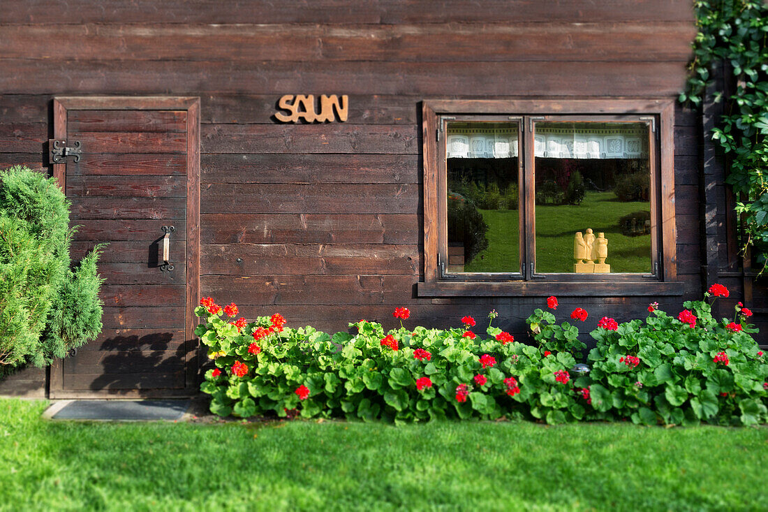 A small sauna cabin in woodland. A window and door and a sign. Flowering plants.