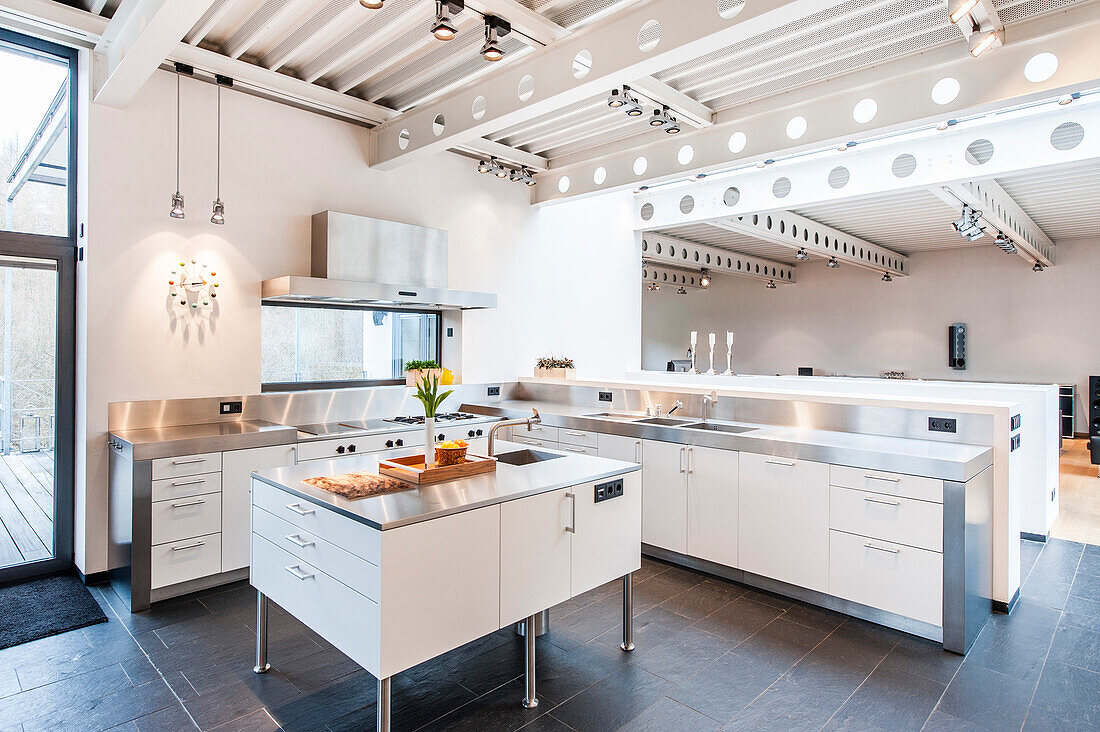 Open plan kitchen inside a Bauhaus villa, Sauerland, Germany