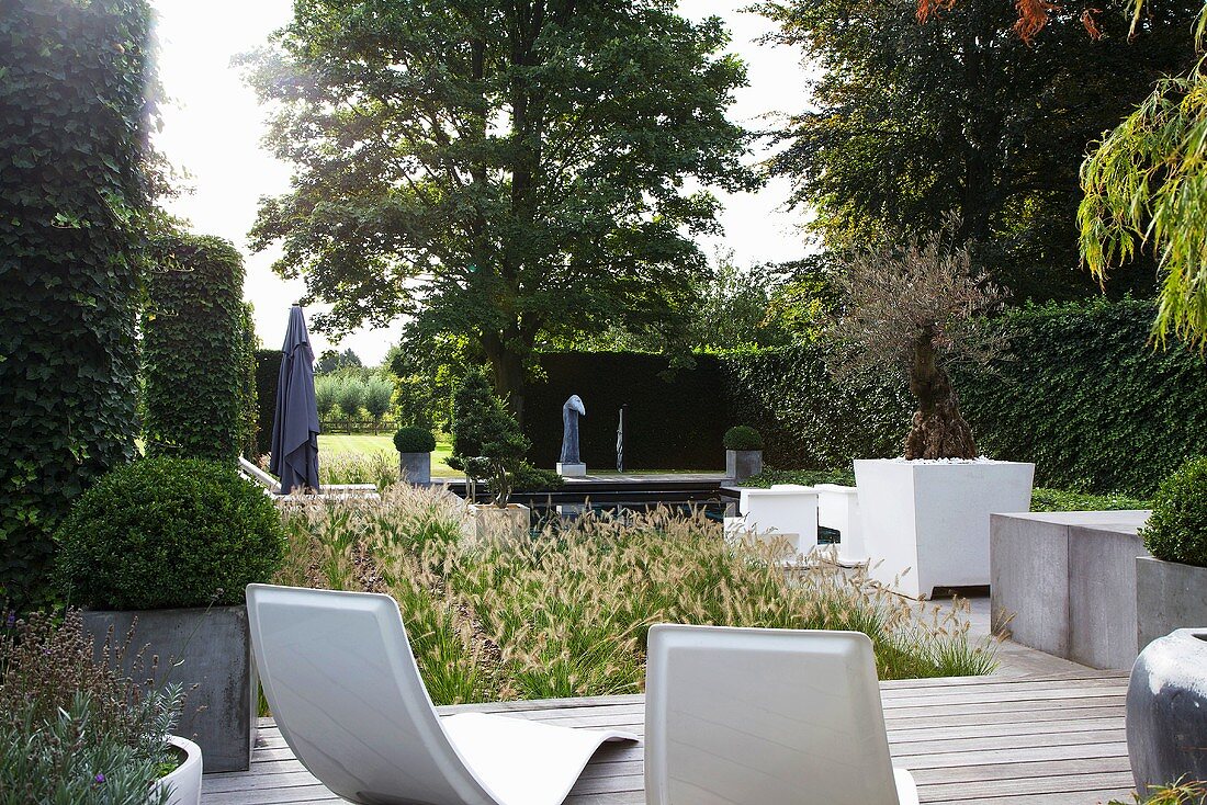 Heckenzaun in einem Garten mit einem Holzdeck, Gartenliegen und kubische Pflanzenkübel