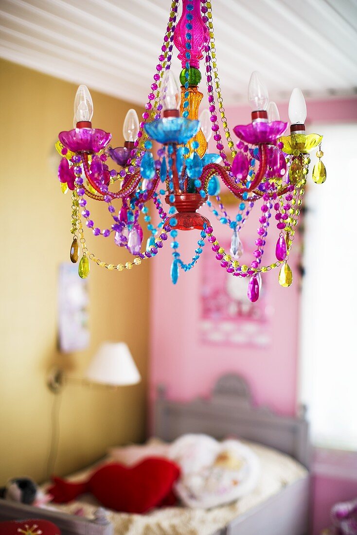 A chandelier with brightly coloured beads