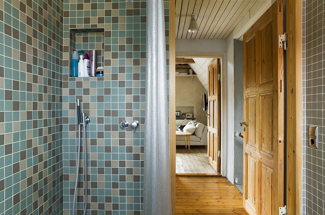 Geflieste Dusche mit Armatur und Blick durch offene Tür in Wohnraum