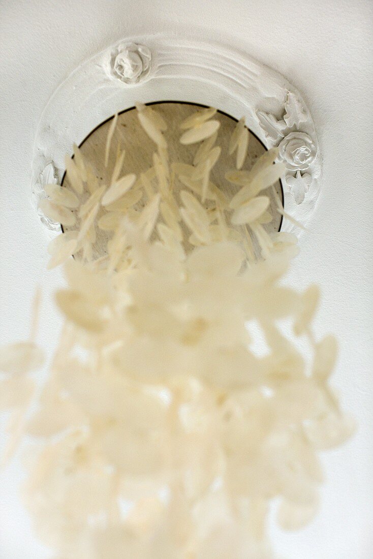 A ceiling lamp made of strings of mother-of-pearl discs in a circular ceiling opening