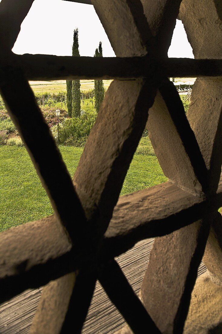 View through an open wooden lattice of a Mediterranean landscape