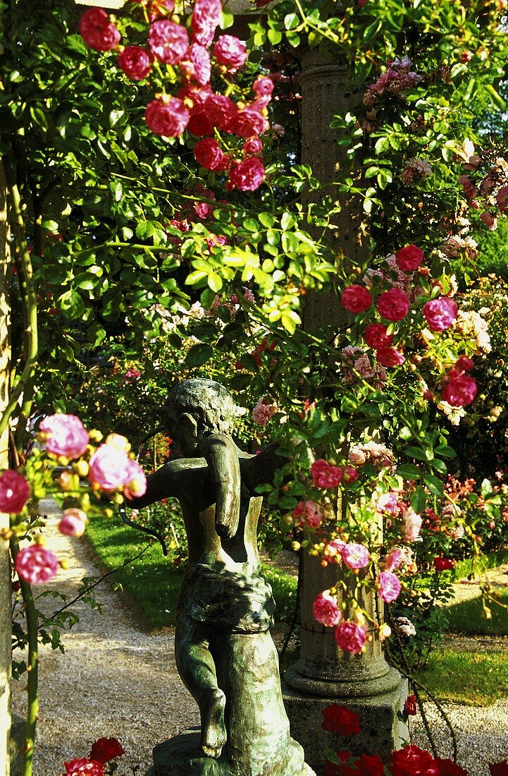 Steinfigur unter blühendem Rosenbusch
