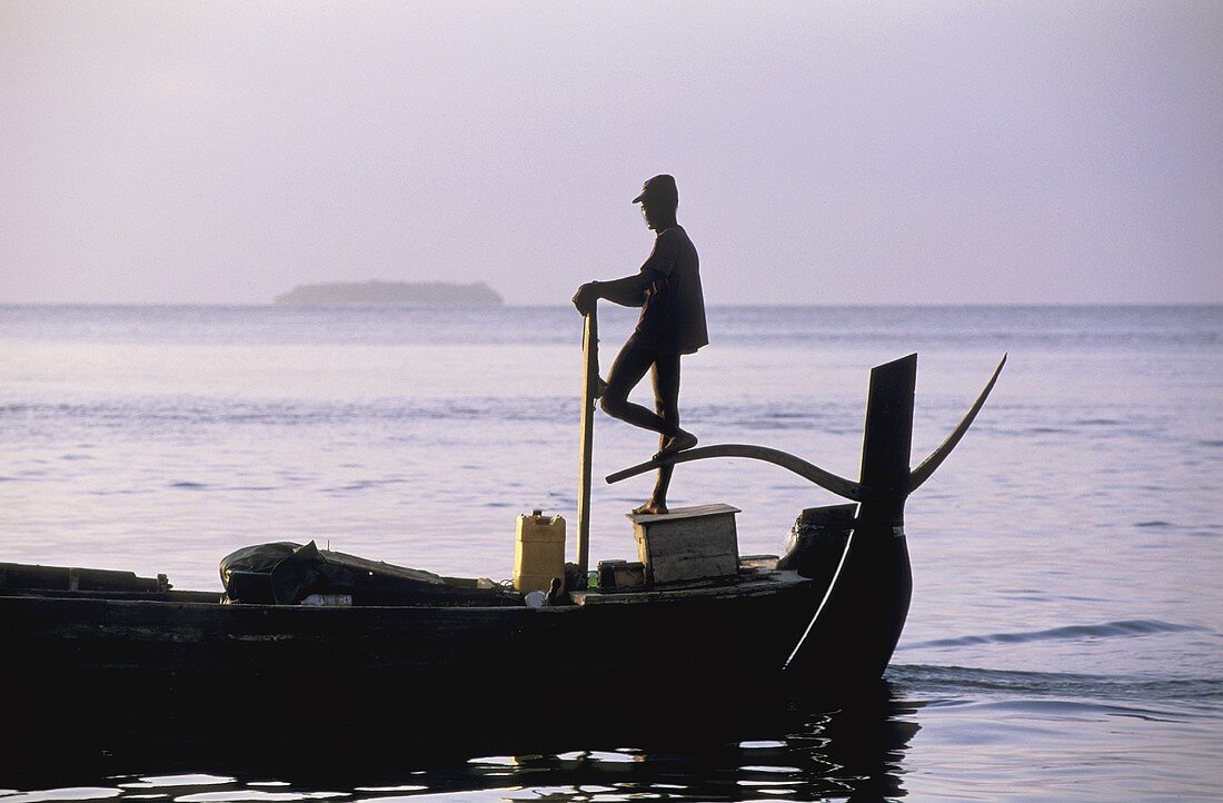 Fischerboot auf dem Meer im Gegenlicht der Morgenstimmung - Fischer steuert gelassen das beladene Boot