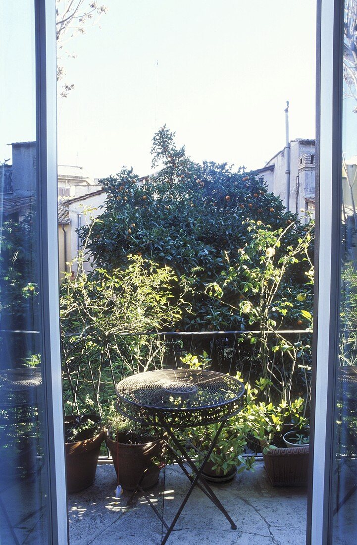 Blick durch offenstehende Balkontür auf Beistelltisch und Pflanzentöpfen