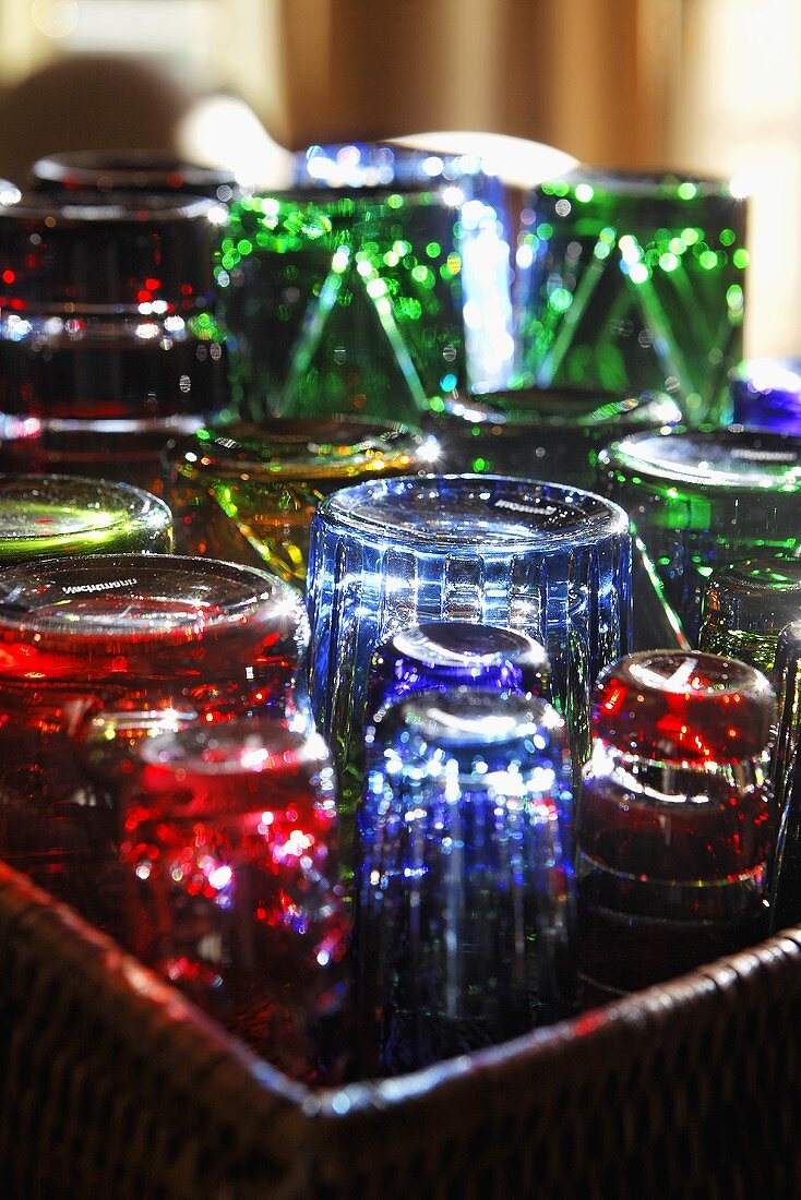 Colorful drinking glasses on a tray