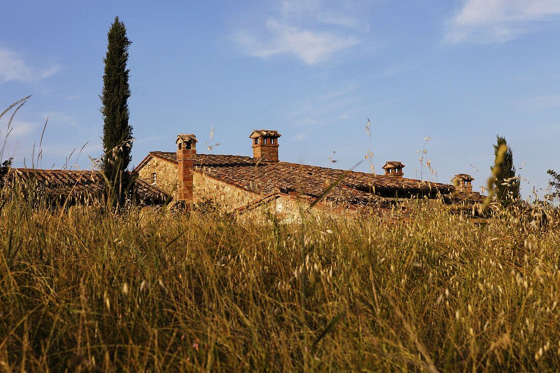 Blick über Wiese auf Dachlandschaft eines Mediterraner Landhauses