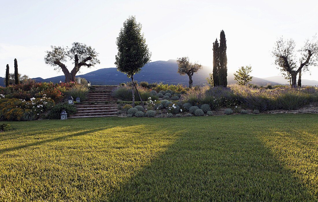 Large grassy area in front of a terraced garden and stairs in a Mediterranean landscape