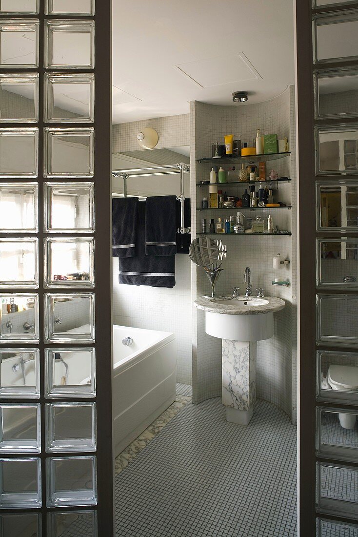 View though and opening between two glass brick walls into a bathroom at a vanity with shelves