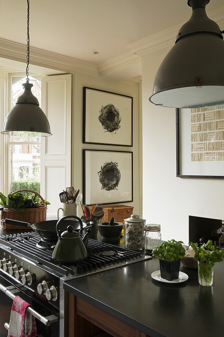 Metal Lampshades Above A Kitchen, Country Kitchen Counter Lampshades