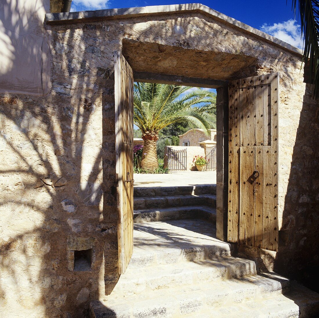 Offenes Holztor mit Blick in Mediterraner Innenhof mit Palme