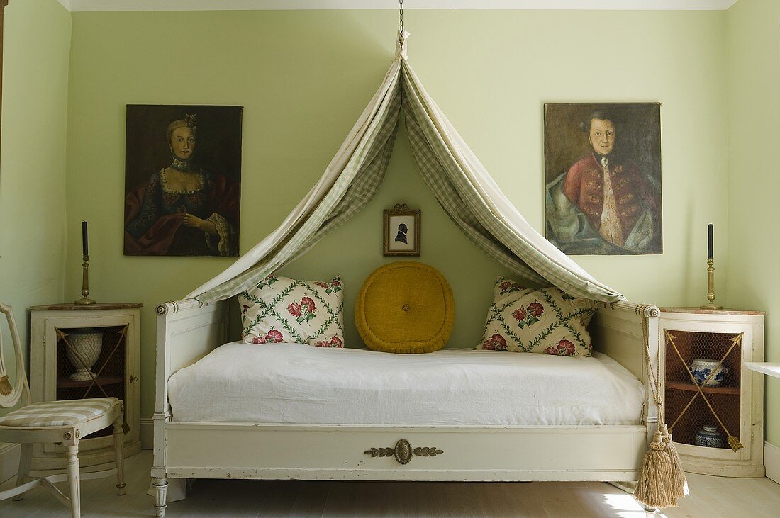 A canopy over a bed in a rural bedroom