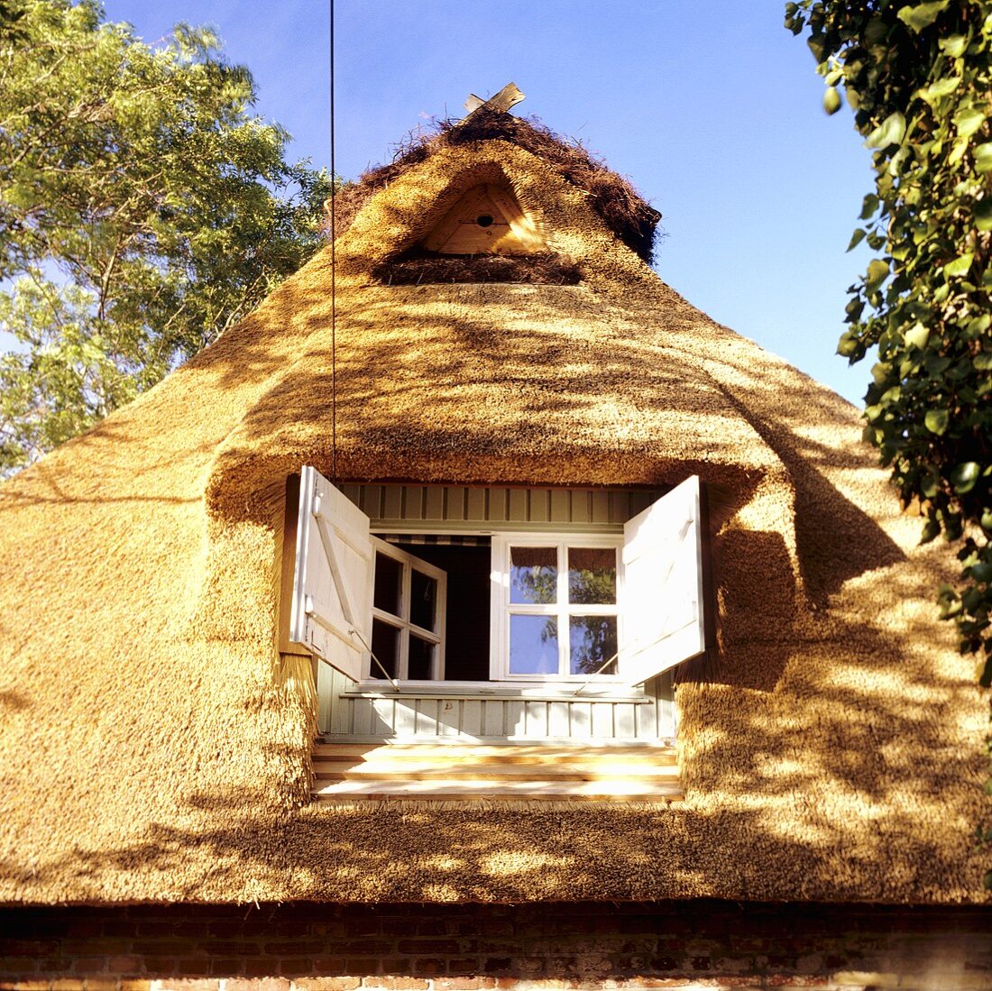 A roof window in a 19th century German thatched-roof house