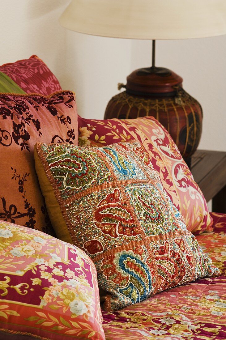 Patterned sofa cushions with a Mediterranean pattern