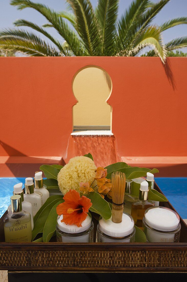 Spa utensils on a tray in front of an outdoor pool with a red, Mediterranean-style pool