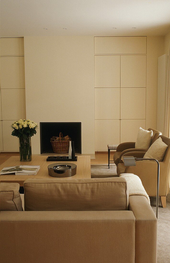 A living room with a brown sofa in front of a fireplace and a simple, built-in cupboard