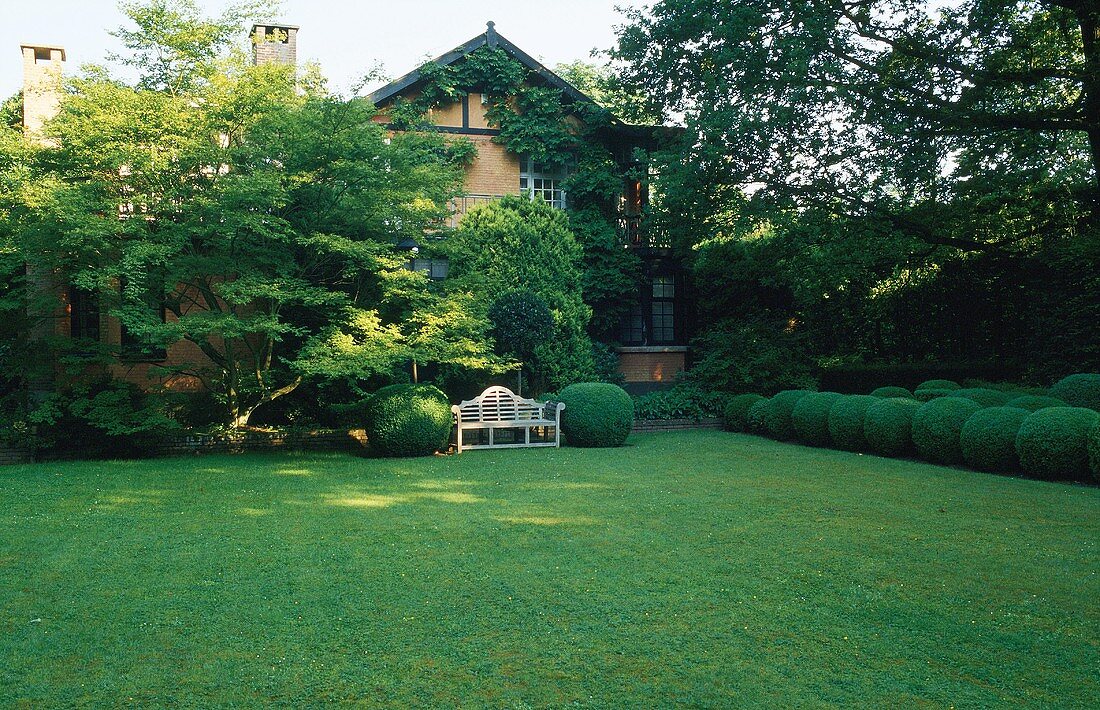Villa hinter Bäumen und Garten mit Buchsbaumkugeln