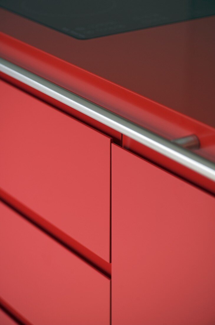 Close up of red kitchen unit