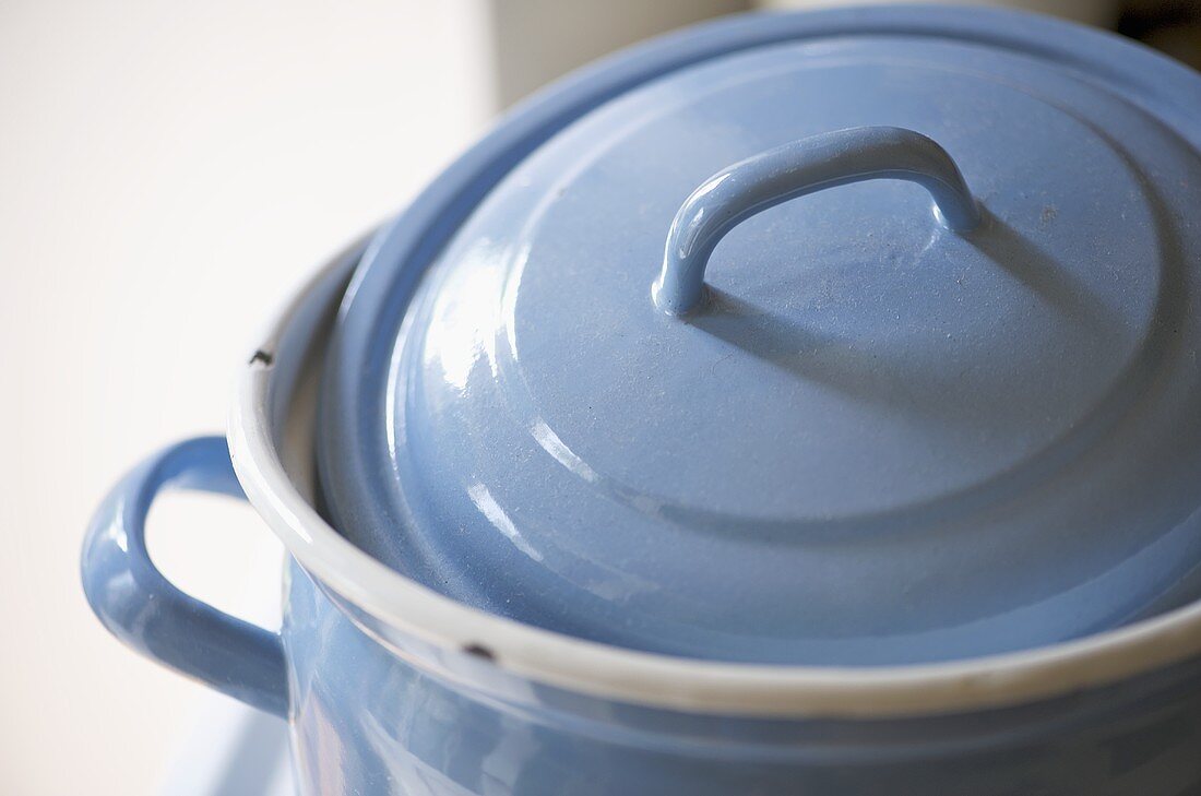 Close up of blue cooking pot