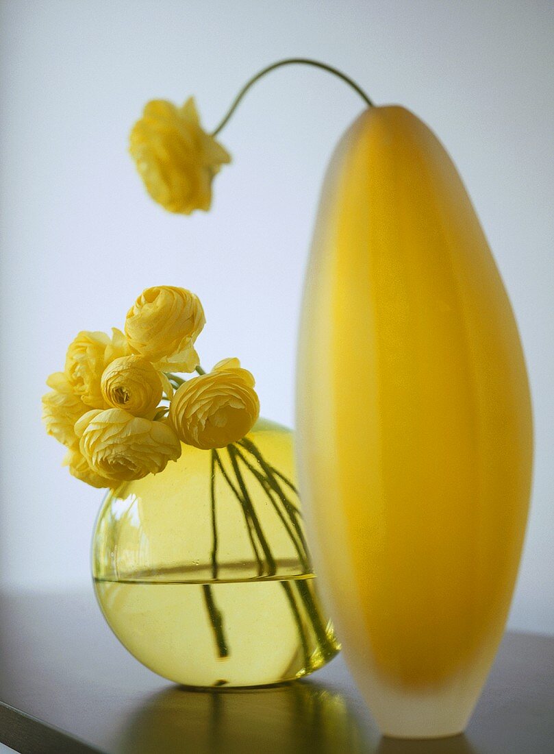 A detail of a modern, yellow glass vase with a display of ranunculus flowers,