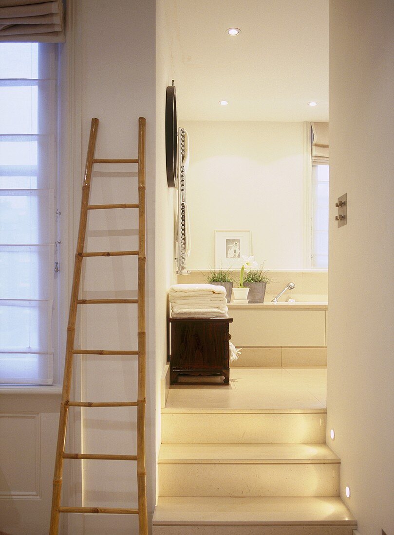 A view of steps leading to a modern en-suite bathroom, bath