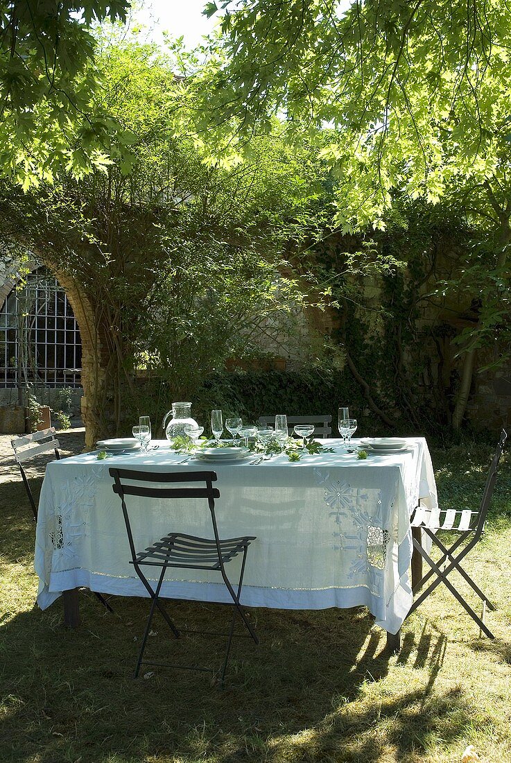 A table laid under a tree in a garden