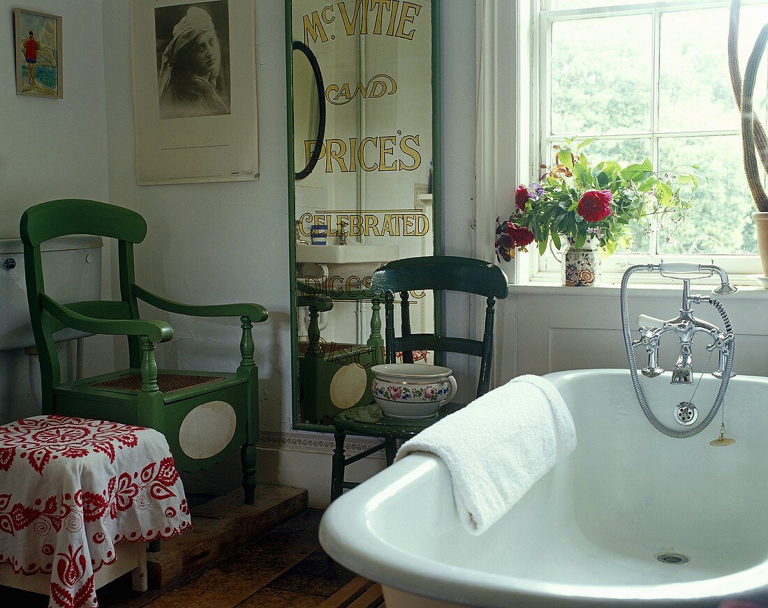 Bathroom in country house style with green wooden chairs