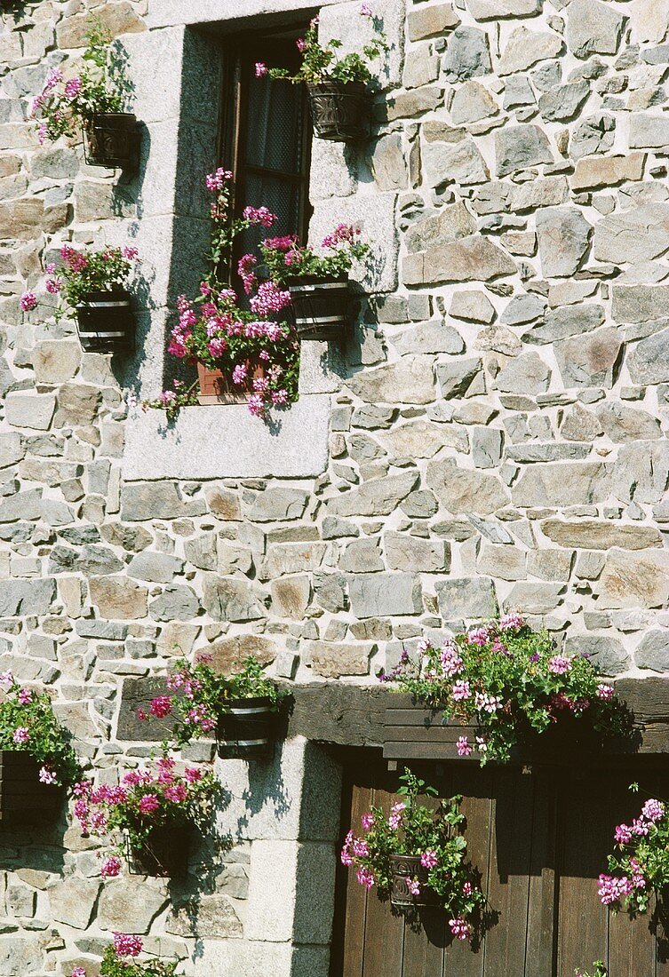 Natursteinfassade mit hängenden Blumenkästen
