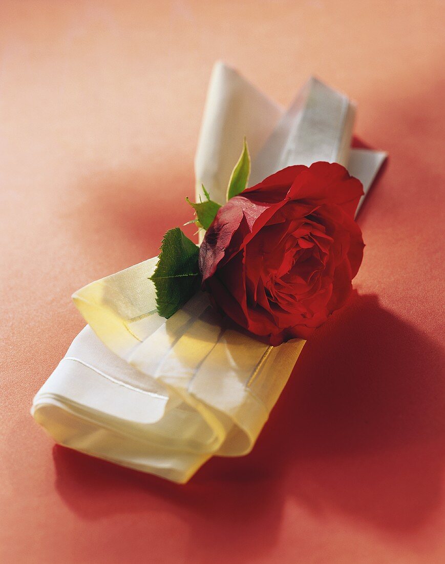 weiße Stoffserviette mit roter Rose