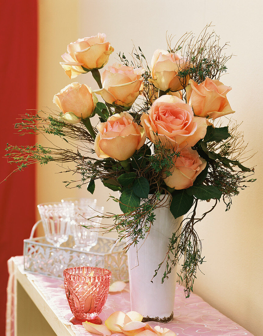 Roses and Euphorbia in vase