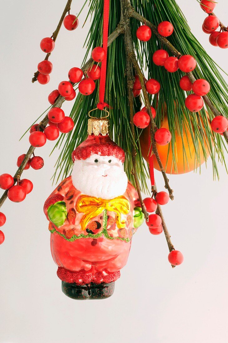 Father Christmas tree ornament & red berries on pine branch