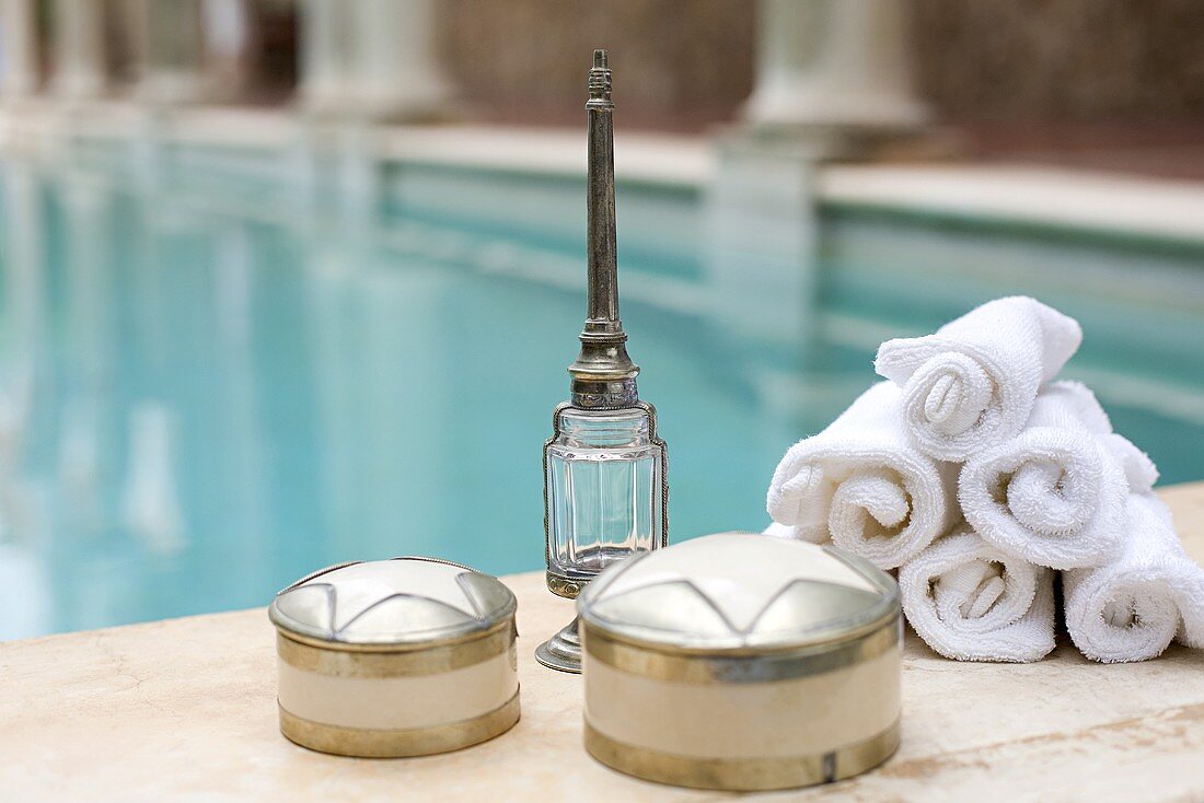 Decorative objects by swimming pool