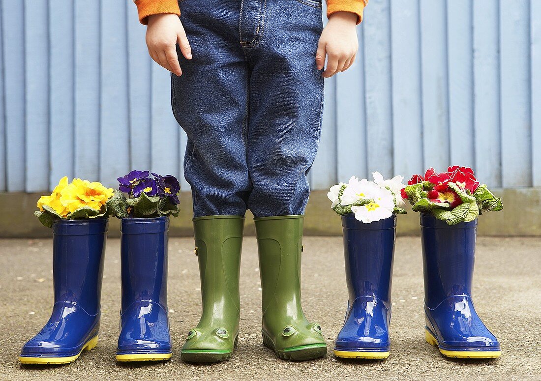 A boy wearing wellies standing between wellies filled with flowers