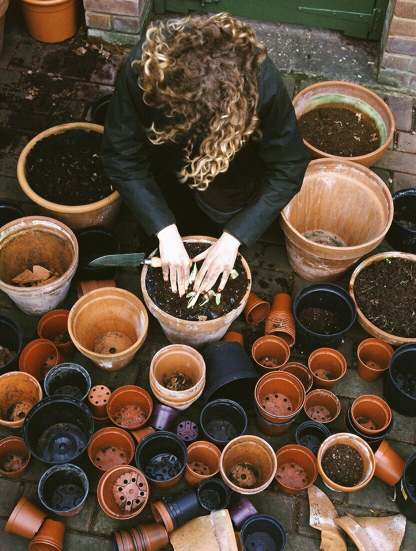A woman planting flowers in a pot surrounded by lots of empty plant pots