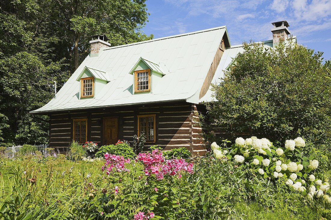 Eingewachsenes, idyllisches Holzhaus im Blockhausstil mit blühendem Garten