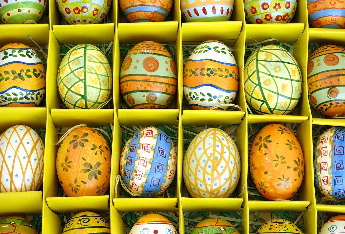 Hand-painted Easter eggs in a box