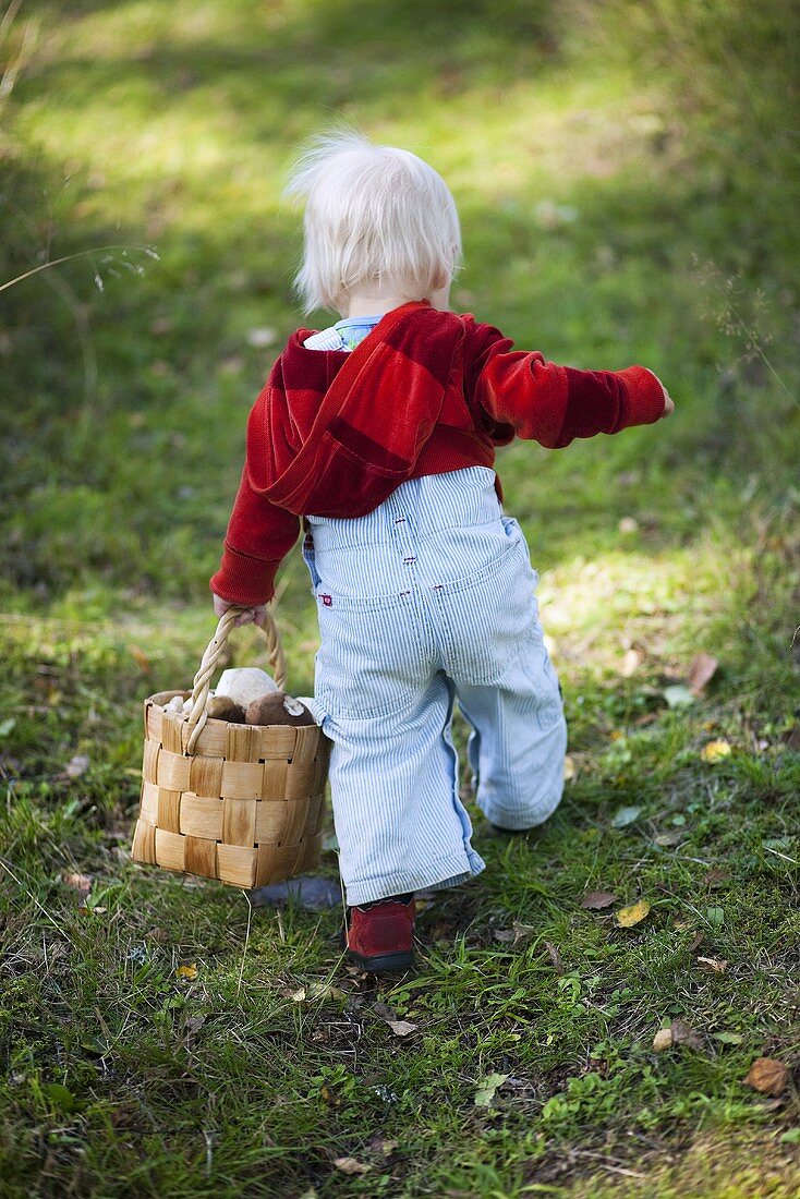 Kleines Mädchen trägt Korb mit Pilzen