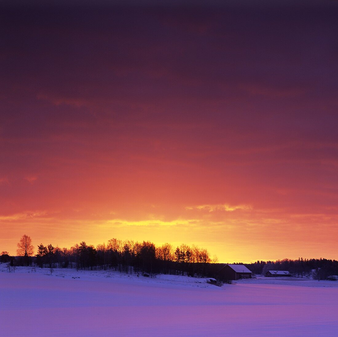 Sunset behind a snow covered landscape