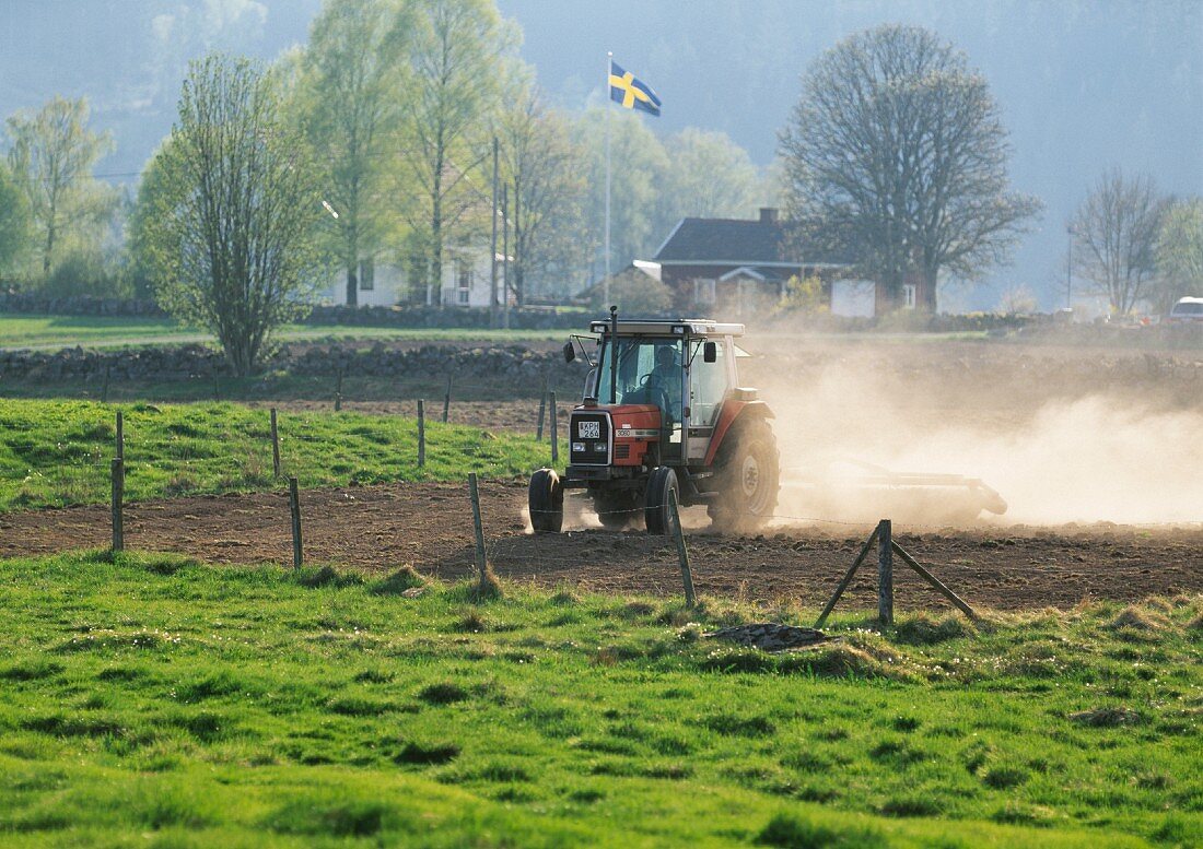Bauer pflügt mit Traktor ein Feld (Schweden)