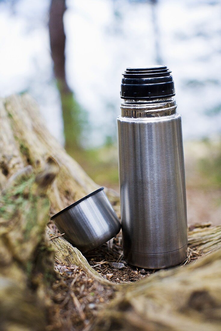 An open Thermos flask on a forest floor