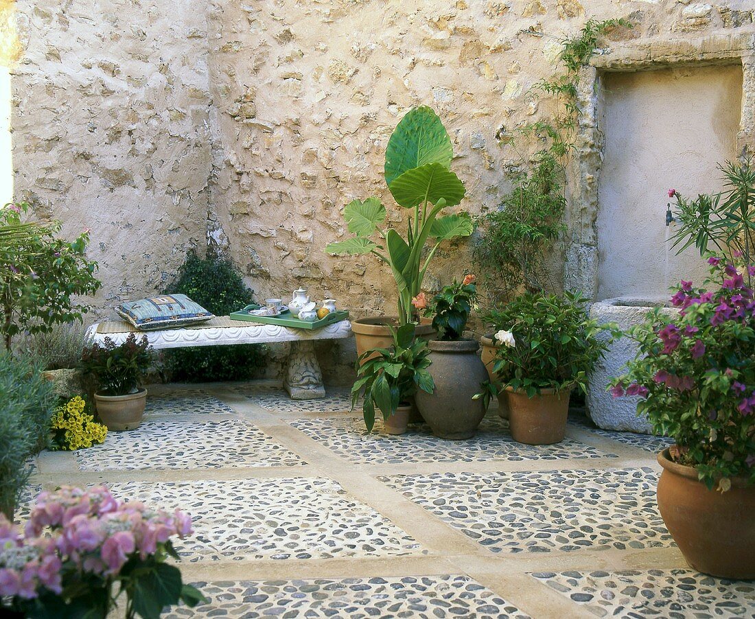 Interior courtyard of a Mediterranean house with container plants