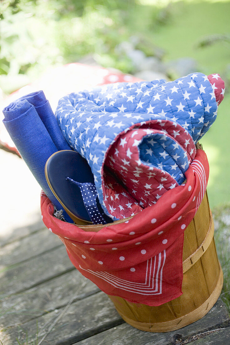 Picnic equipment in a basket for the 4th of July (USA)