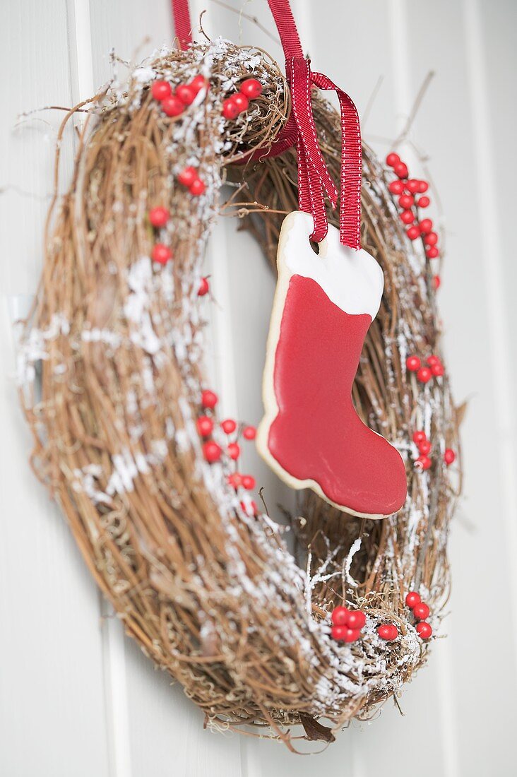 Christmas door wreath with red boot