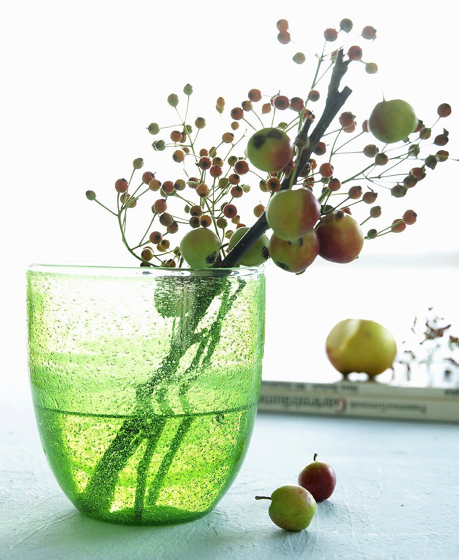 Grüne Glasvase mit Zieräpfeln und Hagebuttenbeeren
