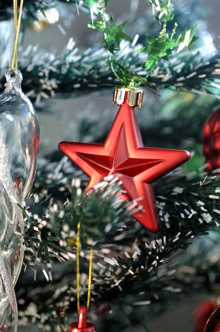 Red star on Christmas tree (detail)