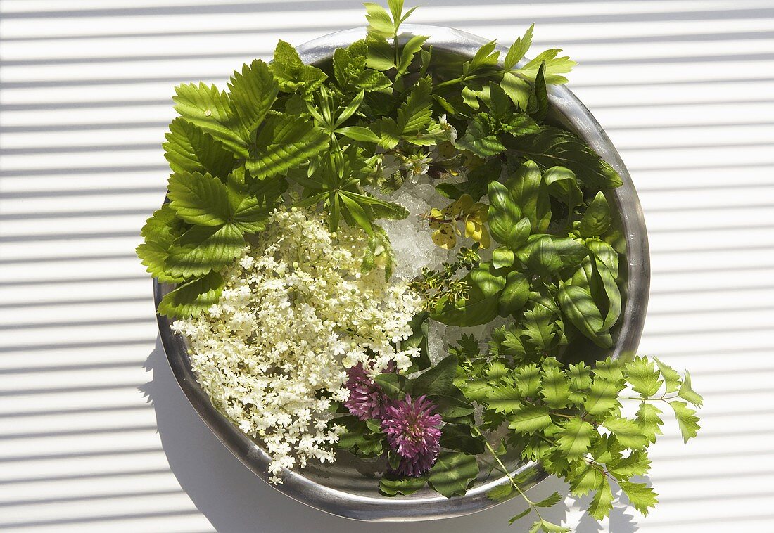 Fresh herbs and flowers in a dish