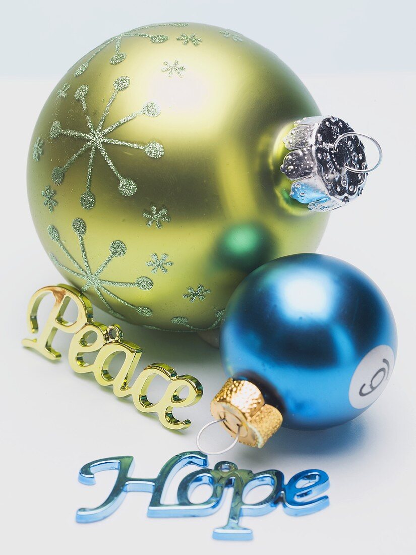 Christmas baubles & the words Peace & Hope (tree ornaments)