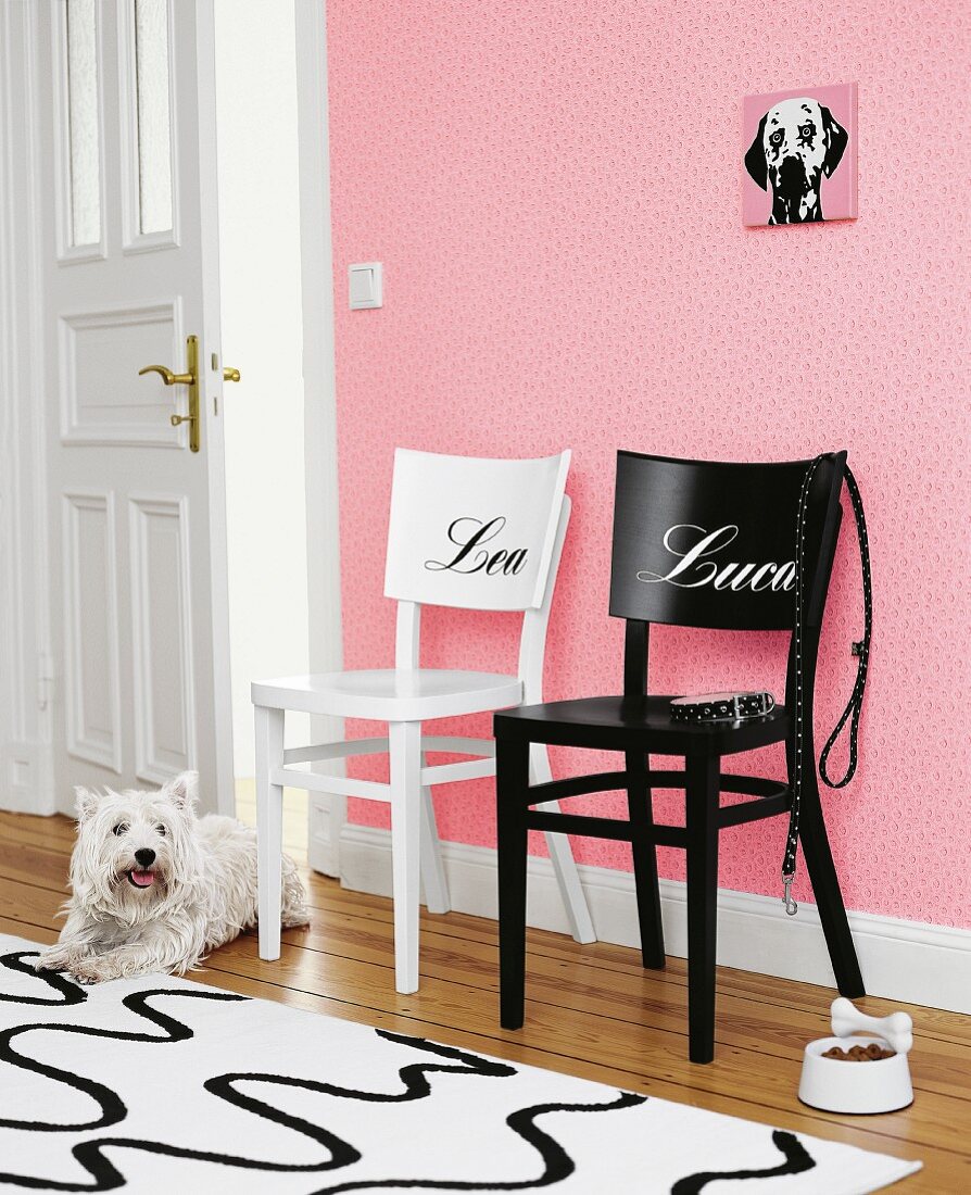 Ein schwarzer und ein weisser Stuhl mit Namenszug auf Rückenlehne vor rosa Tapete