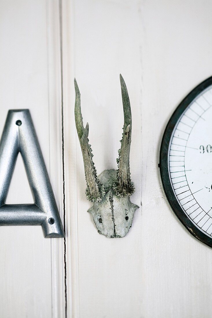Wall decoration: a decorative letter, antlers and a clock